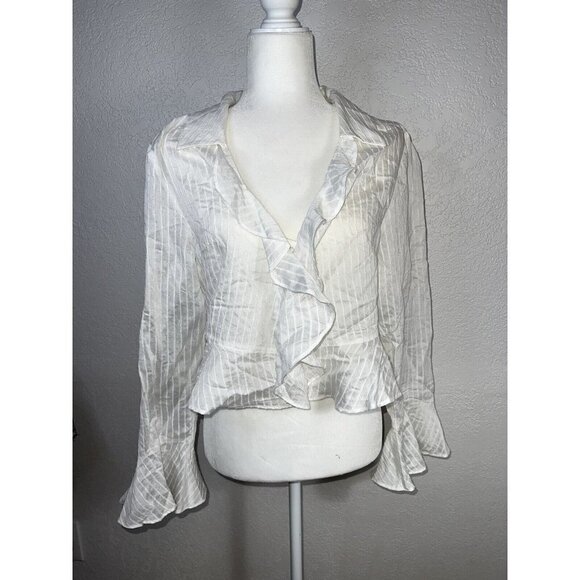 Zara Tops - ZARA Blouse Cropped White Ruffles Long Sleeve Semi-Sheer Hook Front XL NEW T